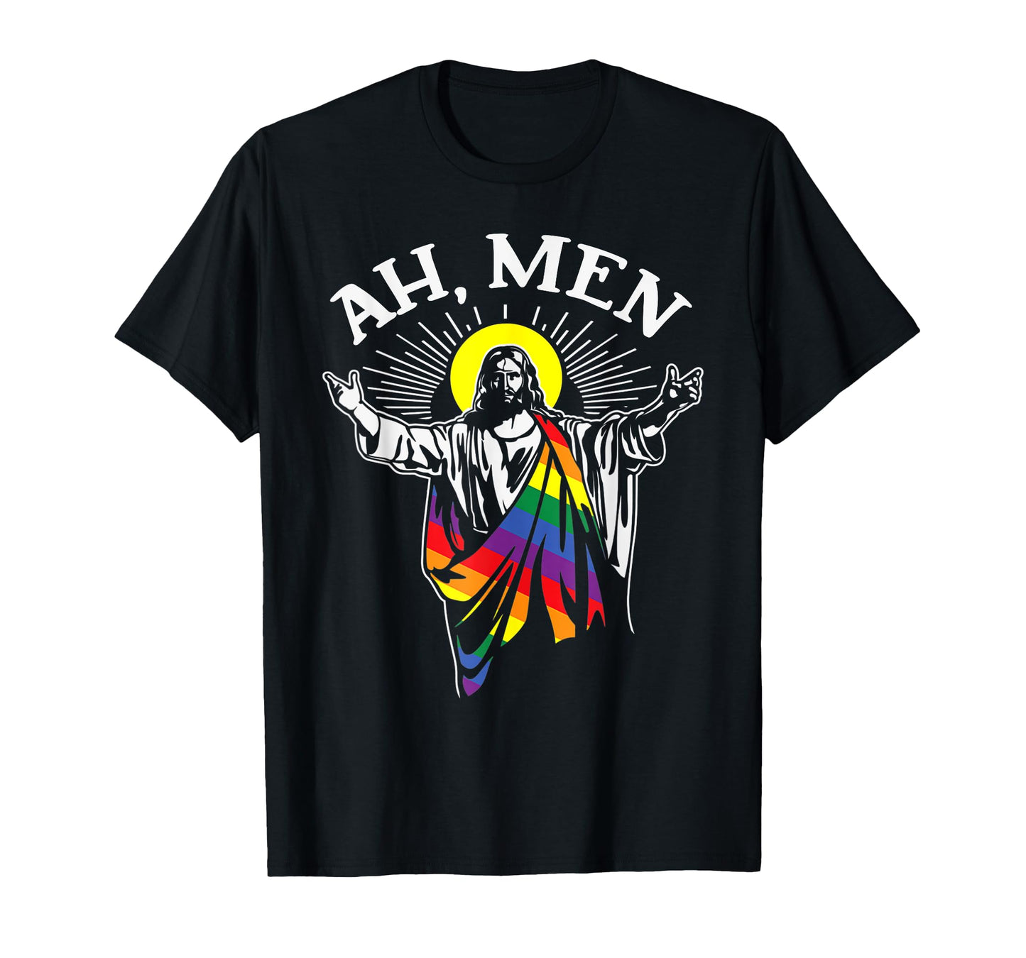 180g pure cotton round neck single side printed T-shirt, Ah Men funny LGBT gay pride Jesus rainbow flag Christian T-shirt, casual T-shirts for men and women, perfect T-shirt for holiday gifts, Christmas gifts, 2025 gifts, New Year gifts