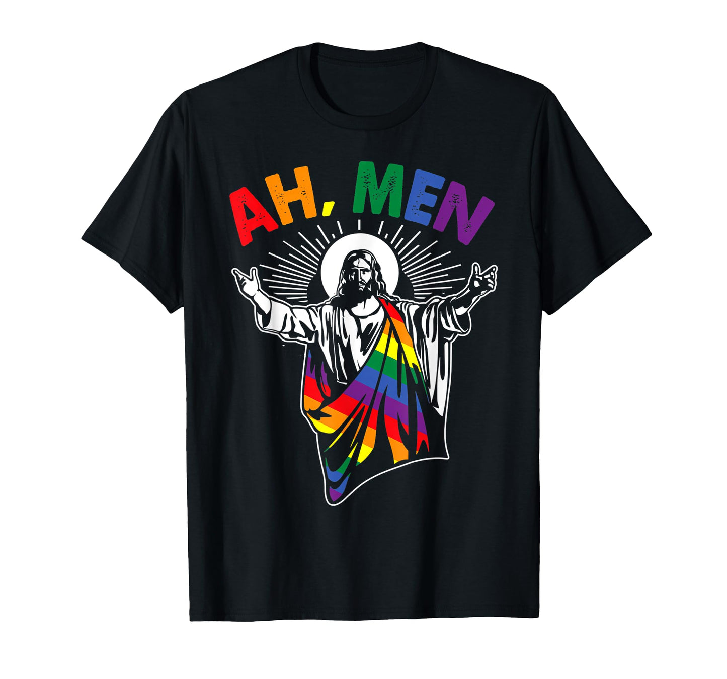 180g pure cotton round neck single side printed T-shirt, Ah Men funny LGBT gay pride Jesus rainbow flag Christian T-shirt, casual T-shirts for men and women, perfect T-shirt for holiday gifts, Christmas gifts, 2025 gifts, New Year gifts